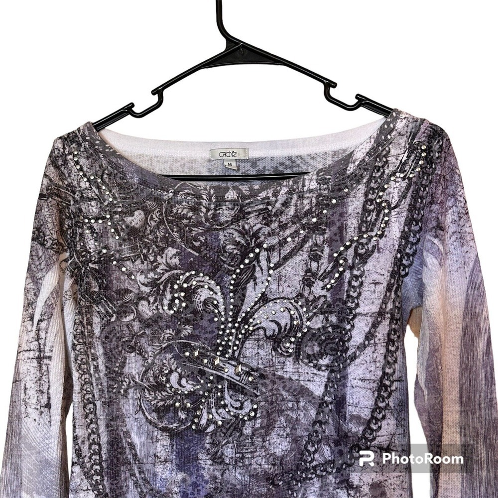 Cache Y2K White Long Sleeve Black Blue Tribal Rhinestone Waffle Knit Henley M - Picture 2 of 11